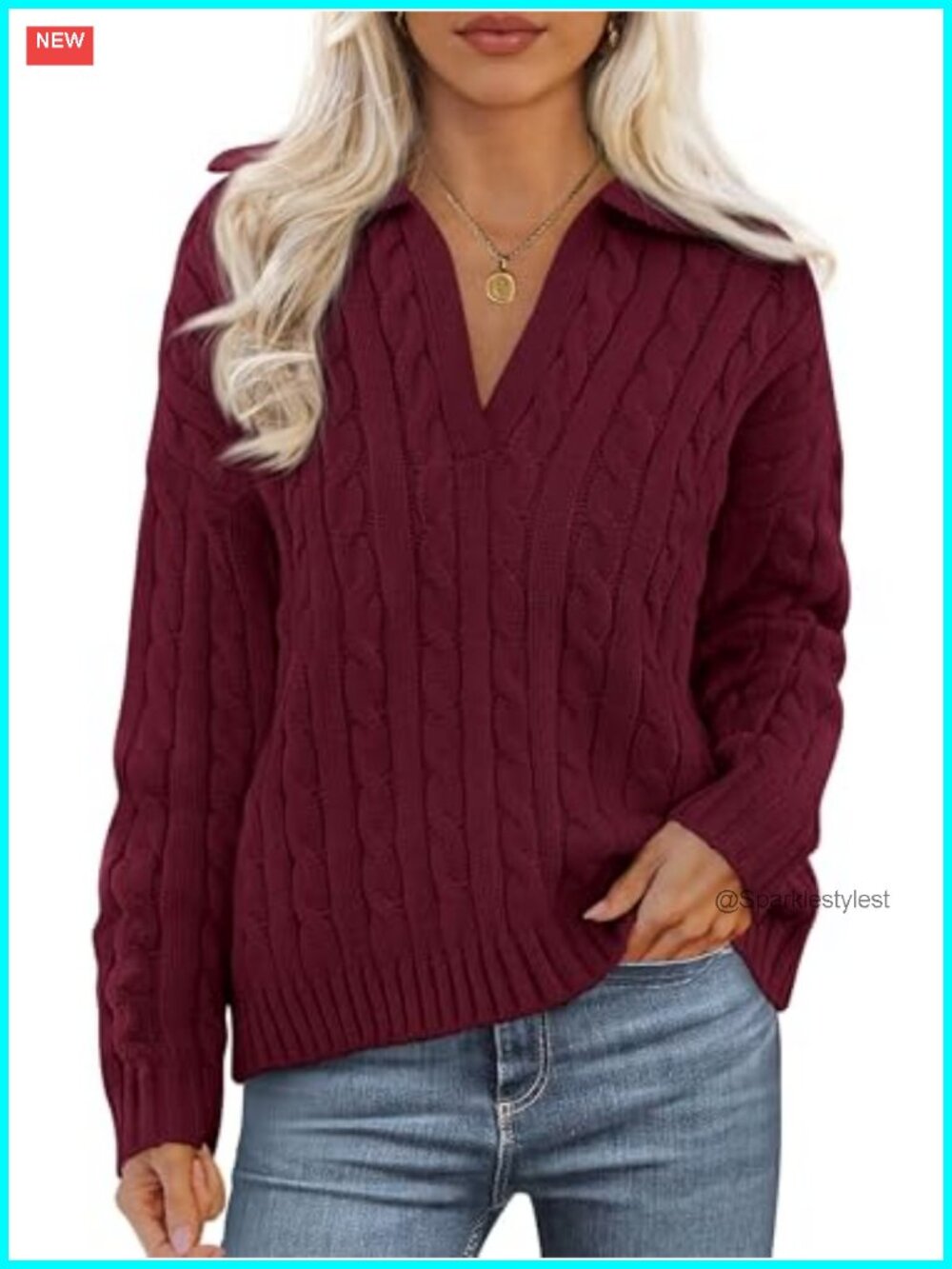 Womens Oversized Cable Knit Sweater V Neck Sailor Collar Pullover
